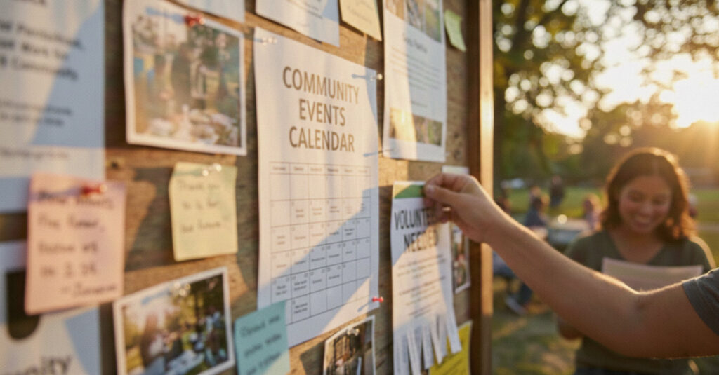 Bulletin board with a community calendar posted